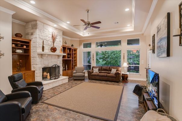 Fireplace, Interior, Living room, Recessed Lighting, Stone Walls