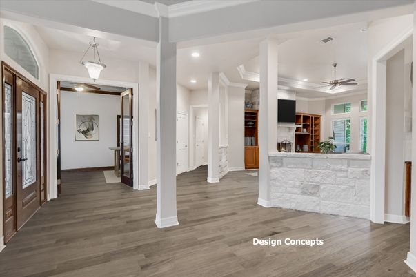 Fireplace, Interior, Pendant Lights, Recessed Lighting, Wood Texture Flooring