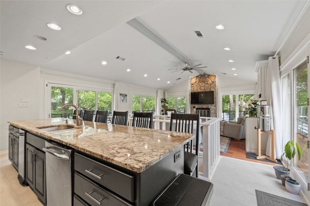Dining room, Fireplace, Interior, Kitchen, Living room, Recessed Lighting, Stainless Steel Appliances