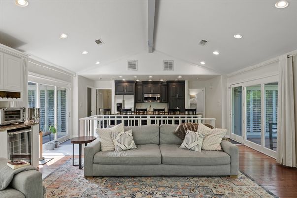 Interior, Kitchen, Living room, Recessed Lighting, Stainless Steel Appliances, Wood Texture Flooring