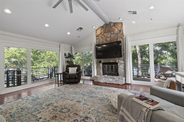 Fireplace, Interior, Recessed Lighting, Stone Walls, Wood Texture Flooring