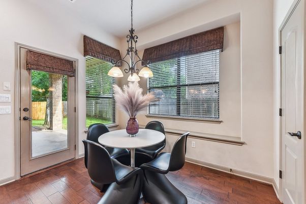 Dining room, Interior, Pendant Lights, Wood Texture Flooring