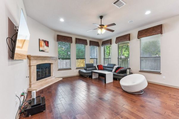 Fireplace, Interior, Living room, Recessed Lighting, Wood Texture Flooring