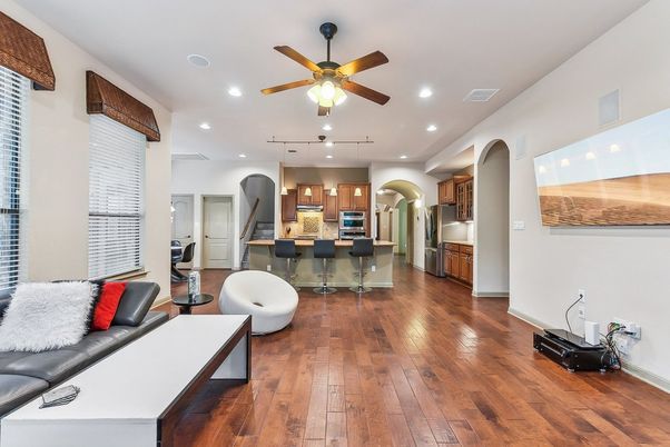 Interior, Kitchen, Living room, Recessed Lighting, Stainless Steel Appliances, Wood Texture Flooring