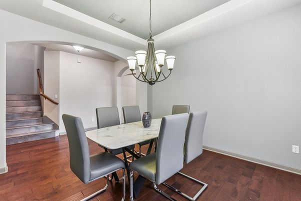 Chandelier, Dining room, Interior, Wood Texture Flooring