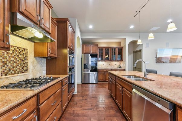 Interior, Kitchen, Pendant Lights, Recessed Lighting, Stainless Steel Appliances, Wood Texture Flooring