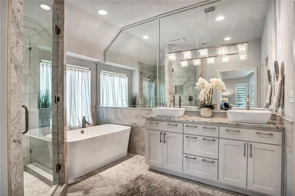 Bathroom, Dual Sink Vanities, Free Standing Baths, Glass Shower, Interior, Marble, Marble Walls, Recessed Lighting