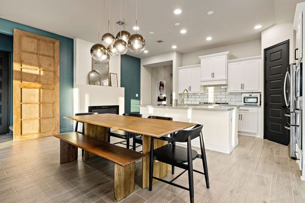 Dining room, Fireplace, Interior, Kitchen, Pendant Lights, Recessed Lighting, Stainless Steel Appliances, Wood Texture Flooring