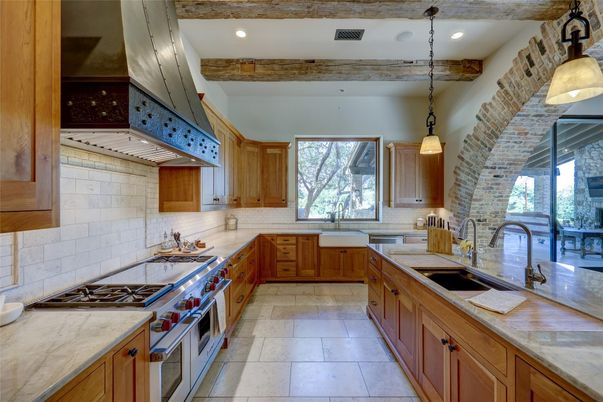 Interior, Kitchen, Pendant Lights, Recessed Lighting, Stainless Steel Appliances, Stone Walls