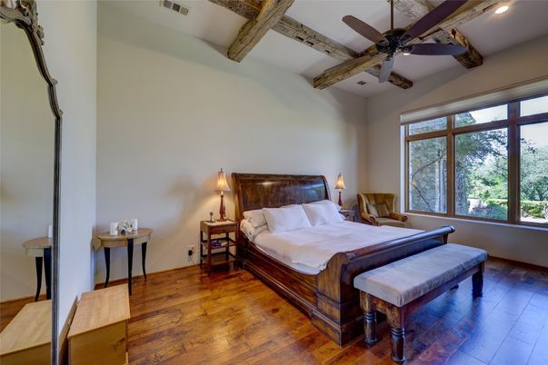 Bedroom, Interior, Recessed Lighting, Wooden Beams, Wood Texture Flooring