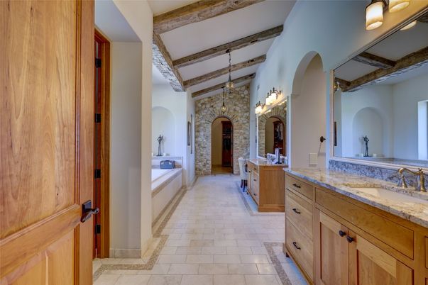 Bathroom, Dual Sink Vanities, Interior, Stone Walls, Wooden Beams