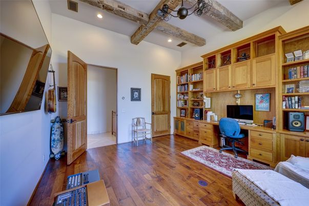 Home Office, Interior, Recessed Lighting, Wooden Beams, Wood Texture Flooring