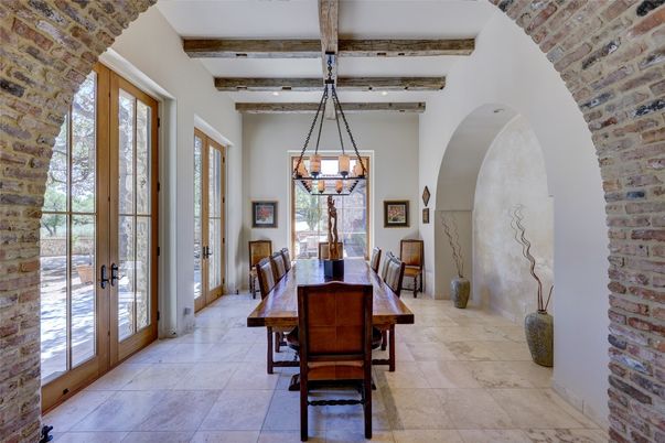 Dining room, Interior, Pendant Lights, Stone Walls, Wooden Beams
