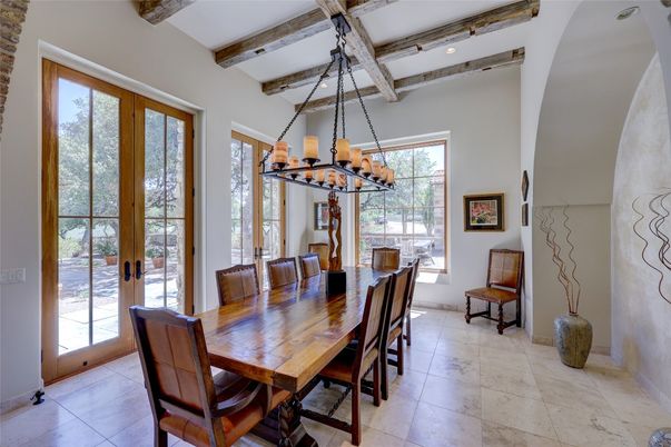 Chandelier, Dining room, Interior, Wooden Beams