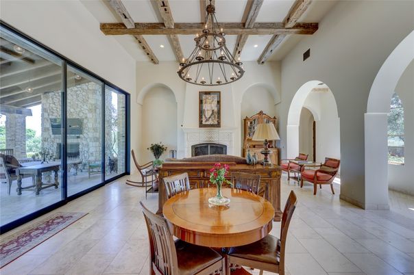 Chandelier, Dining room, Fireplace, Interior, Pendant Lights, Recessed Lighting, Wooden Beams
