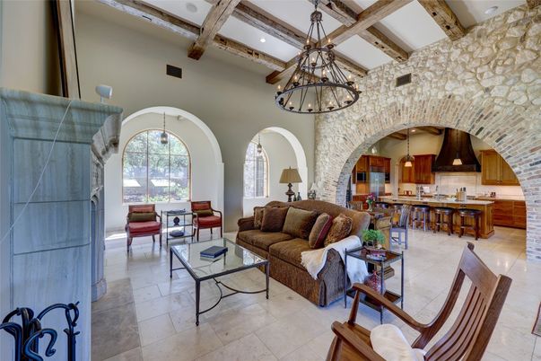 Interior, Kitchen, Living room, Pendant Lights, Recessed Lighting, Stone Walls, Wooden Beams