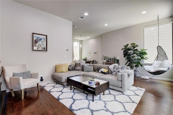 Interior, Living room, Pendant Lights, Recessed Lighting, Wood Texture Flooring