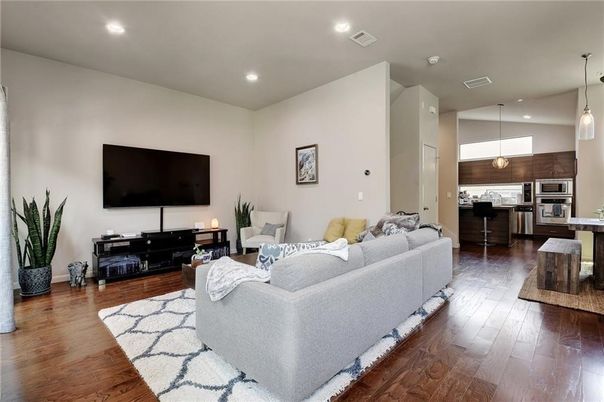 Interior, Kitchen, Living room, Pendant Lights, Recessed Lighting, Stainless Steel Appliances, Wood Texture Flooring