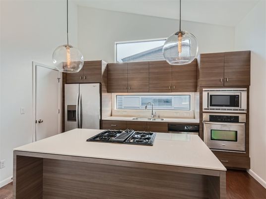 Interior, Kitchen, Pendant Lights, Stainless Steel Appliances, Wood Texture Flooring