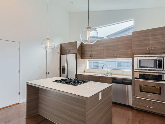 Interior, Kitchen, Pendant Lights, Stainless Steel Appliances, Wood Texture Flooring
