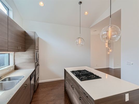 Interior, Kitchen, Pendant Lights, Recessed Lighting, Wood Texture Flooring