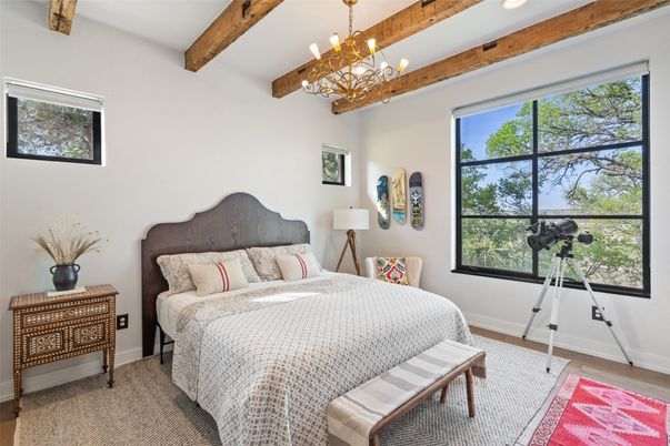 Bedroom, Chandelier, Interior, Recessed Lighting, Wooden Beams