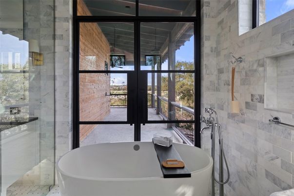 Bathroom, Free Standing Baths, Glass Shower, Interior, Marble Walls