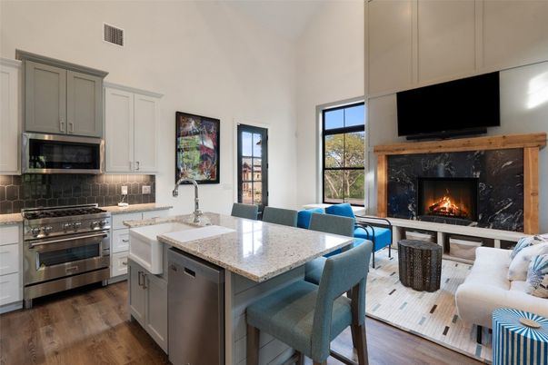 Fireplace, Interior, Kitchen, Living room, Stainless Steel Appliances, Wood Texture Flooring