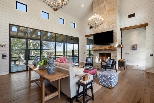 Chandelier, Fireplace, Interior, Living room, Stone Walls, Wood Texture Flooring