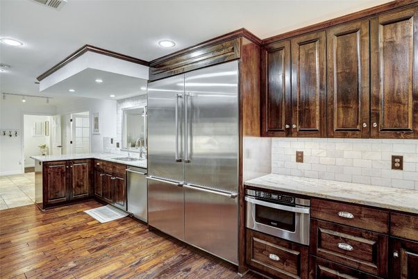 Interior, Kitchen, Recessed Lighting, Stainless Steel Appliances, Wood Texture Flooring