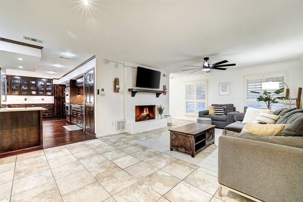 Fireplace, Interior, Kitchen, Living room, Recessed Lighting, Wood Texture Flooring