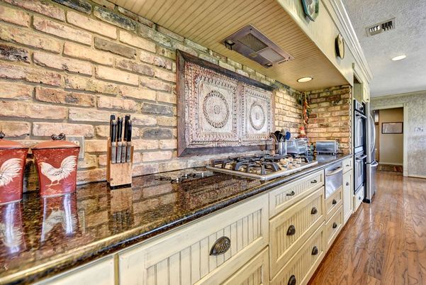 Interior, Kitchen, Recessed Lighting, Stone Walls, Wood Texture Flooring
