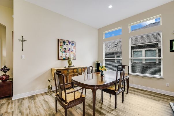 Dining room, Interior, Recessed Lighting, Wood Texture Flooring