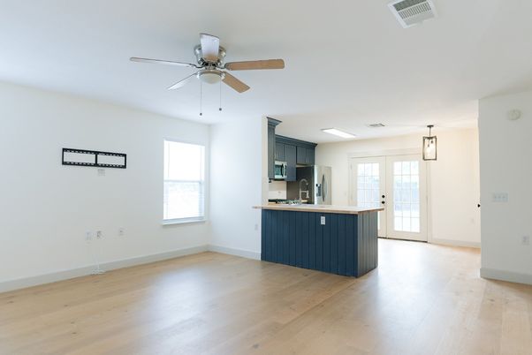 Empty room, Interior, Kitchen, Pendant Lights, Wood Texture Flooring