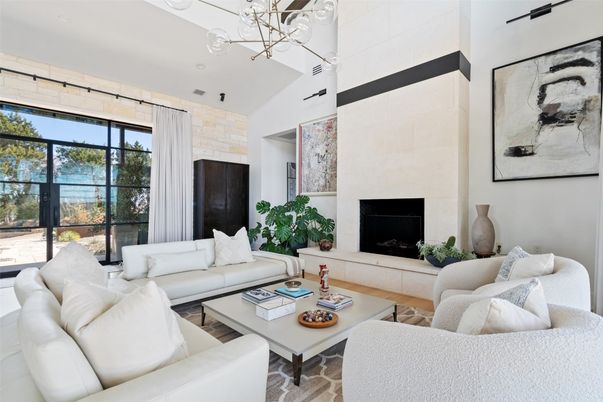 Fireplace, Interior, Living room, Pendant Lights, Stone Walls