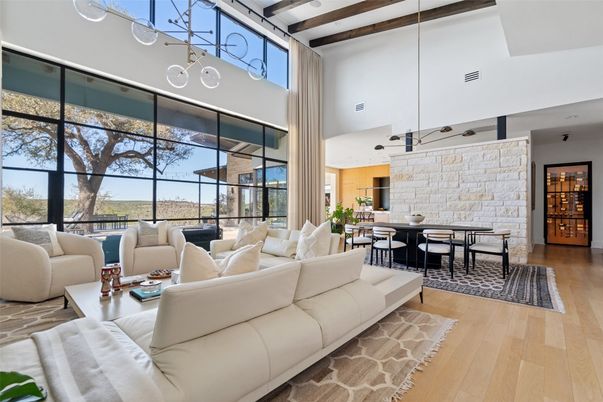Dining room, Interior, Living room, Pendant Lights, Stone Walls, Wooden Beams, Wood Texture Flooring