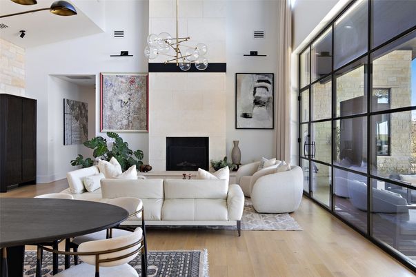 Fireplace, Interior, Living room, Pendant Lights, Stone Walls, Wood Texture Flooring