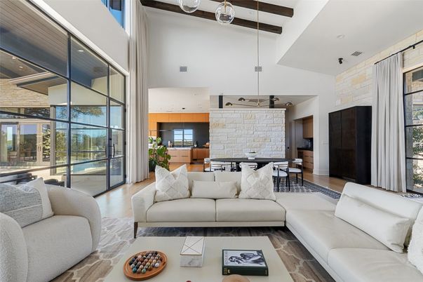 Dining room, Interior, Kitchen, Living room, Pendant Lights, Stone Walls, Wooden Beams, Wood Texture Flooring