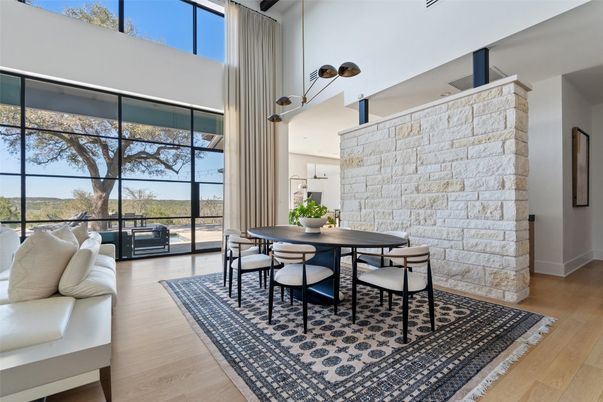 Dining room, Interior, Pendant Lights, Stone Walls, Wood Texture Flooring