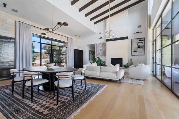 Dining room, Fireplace, Interior, Living room, Pendant Lights, Wooden Beams, Wood Texture Flooring