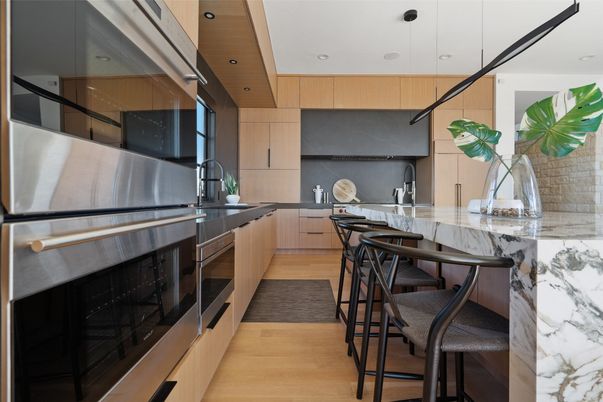 Interior, Kitchen, Pendant Lights, Recessed Lighting, Stainless Steel Appliances, Wood Texture Flooring