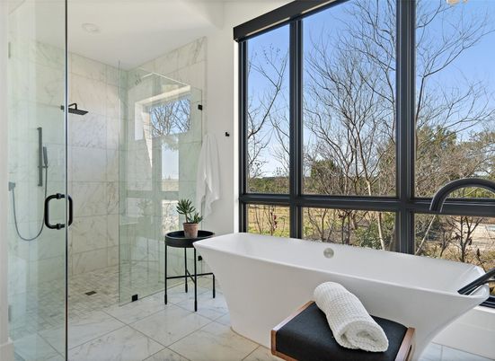 Bathroom, Free Standing Baths, Glass Shower, Interior, Marble, Marble Walls, Recessed Lighting