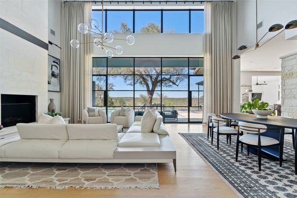 Dining room, Fireplace, Interior, Living room, Pendant Lights, Wood Texture Flooring