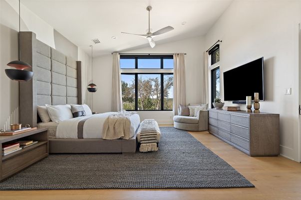 Bedroom, Interior, Pendant Lights, Wood Texture Flooring