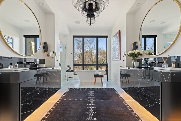 Bathroom, Dual Sink Vanities, Free Standing Baths, Interior, Marble, Marble Walls