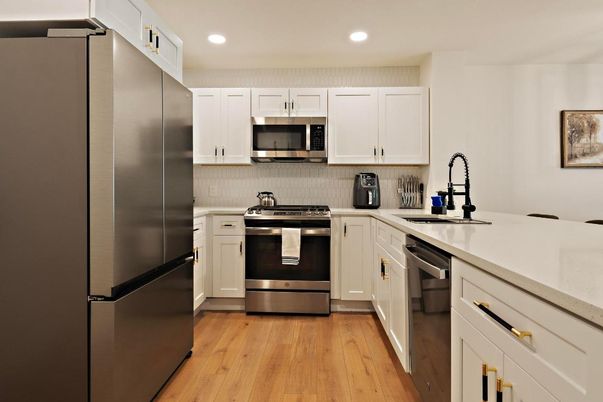 Interior, Kitchen, Recessed Lighting, Stainless Steel Appliances, Wood Texture Flooring