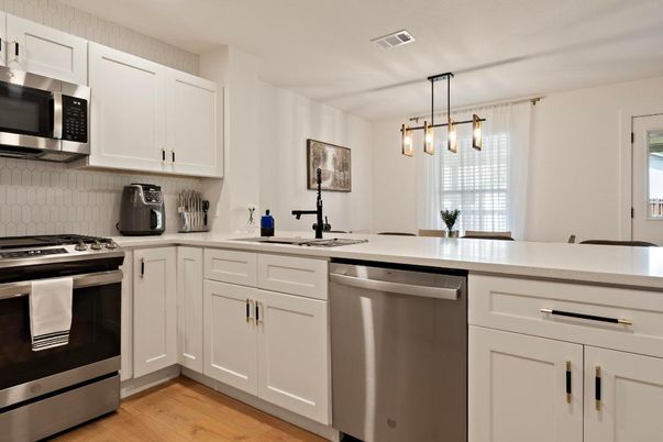 Interior, Kitchen, Pendant Lights, Stainless Steel Appliances, Wood Texture Flooring