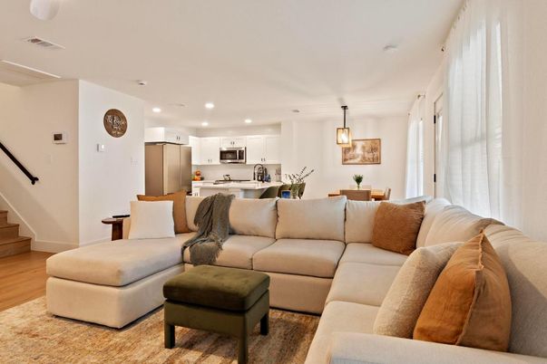 Dining room, Interior, Kitchen, Living room, Pendant Lights, Recessed Lighting, Stainless Steel Appliances, Wood Texture Flooring