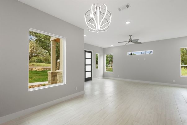 Chandelier, Empty room, Interior, Recessed Lighting, Wood Texture Flooring