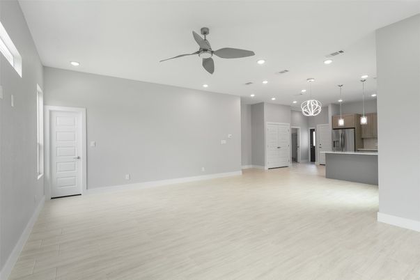 Empty room, Interior, Kitchen, Pendant Lights, Recessed Lighting, Wood Texture Flooring